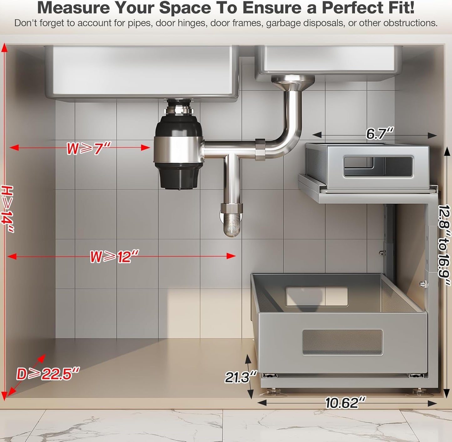 2 Pack 21.3IN-Depth Under Sink Organizer with Next-Gen Ball-Bearing Slides,2-Tier Pull Out Cabinet Storage,Height Adjustable Drawer Shelf for Bathroom,Kitchen,Laundry,Cabinet,Pantry-Gun Gray