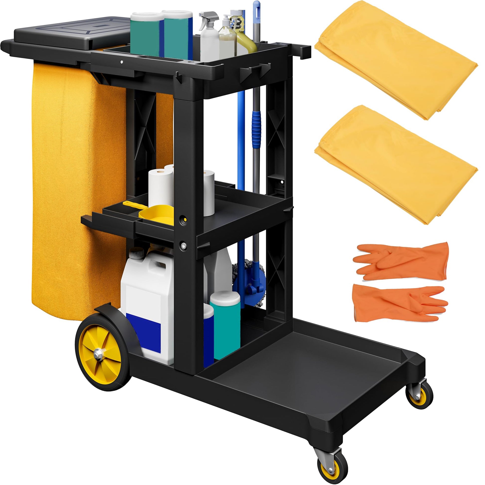 YITAHOME 3-Shelf Cleaning Carts on Wheels, Black Janitorial Cart
