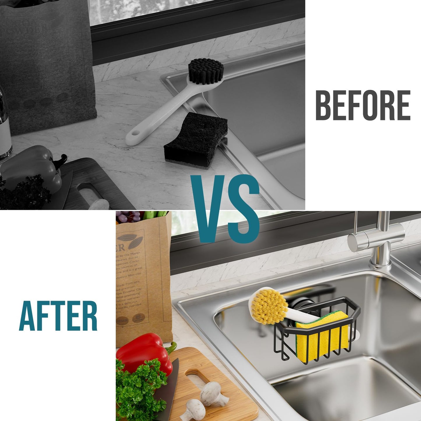 TAILI Sponge Holder for Kitchen Sink with Strong Suction Cup-Black