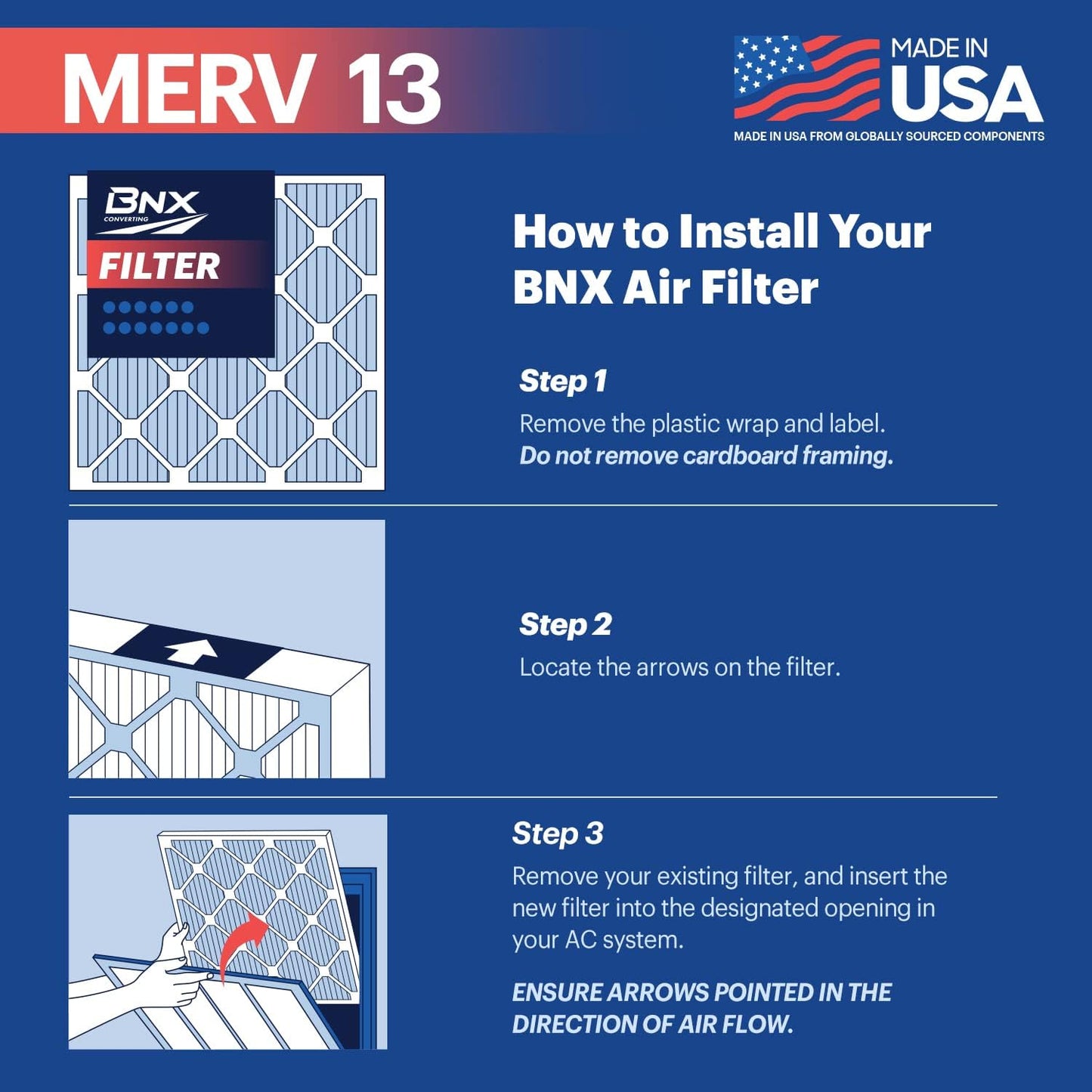 BNX TruFilter 14x20x1 Air Filter MERV 13 (4-Pack) - MADE IN USA - Electrostatic Pleated Air Conditioner HVAC AC Furnace Filters for Allergies, Pollen, Mold, Bacteria, Smoke, Allergen, MPR 1900 FPR 10