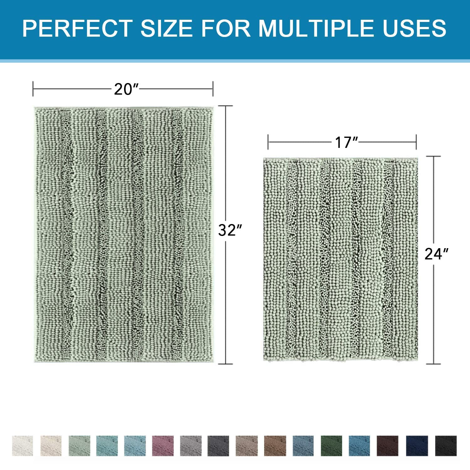 H.VERSAILTEX Sage Bathroom Rugs, Bath Mat Set of 2 Extra Thick Chenille Striped Pattern Shaggy Bath