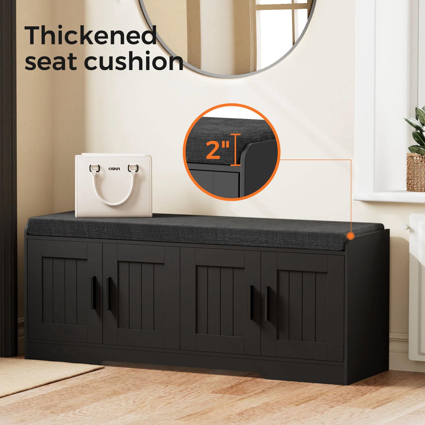 Homleke Shoe Storage Bench, 4 Doors & Thickened Padded Seat Cushion