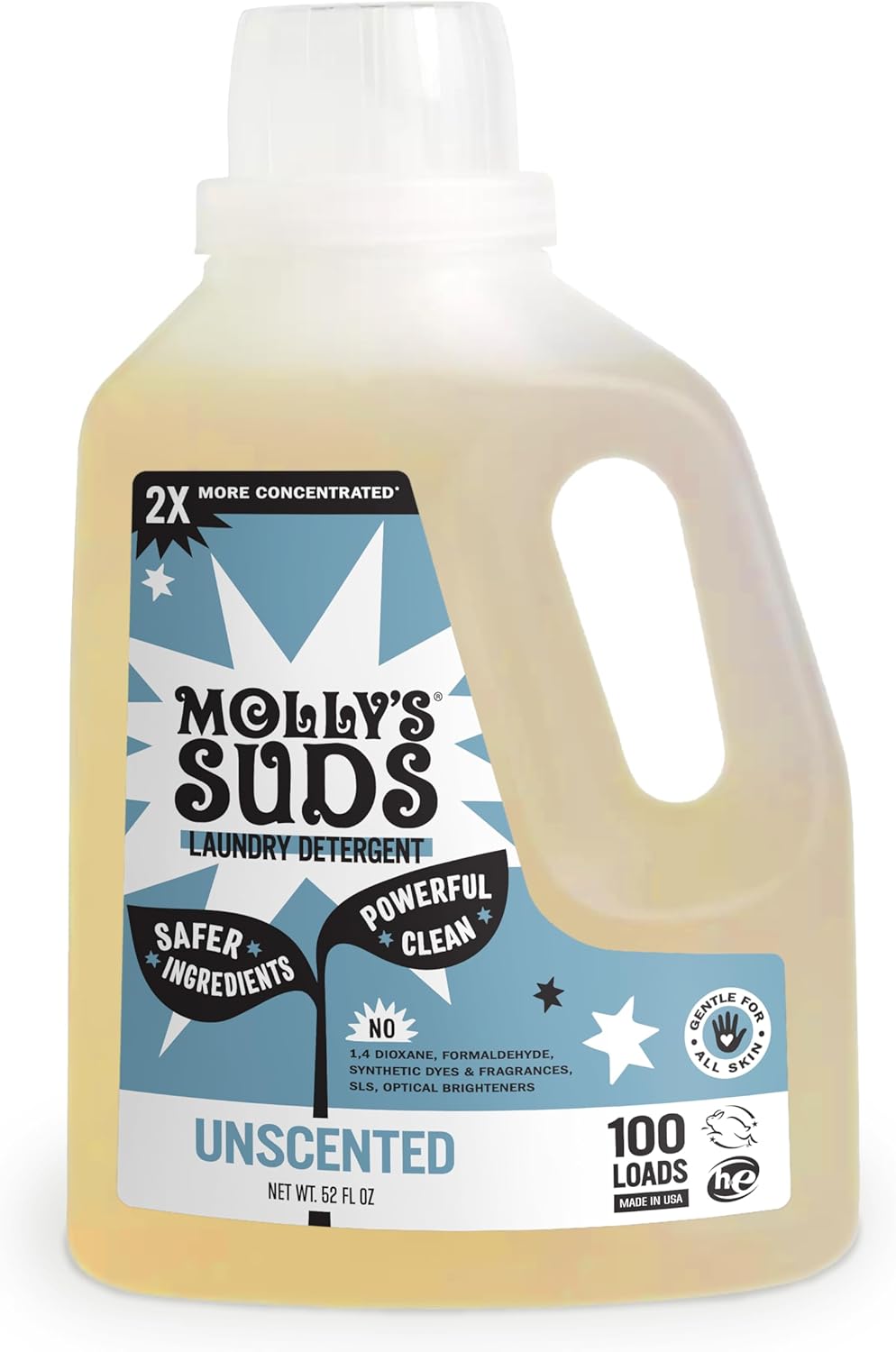 Molly's Suds Liquid Laundry Detergent | Clean Laundry Detergent Soap for Sensitive Skin | 2x Concentrated, High Efficiency (HE) | Unscented - 100 Loads