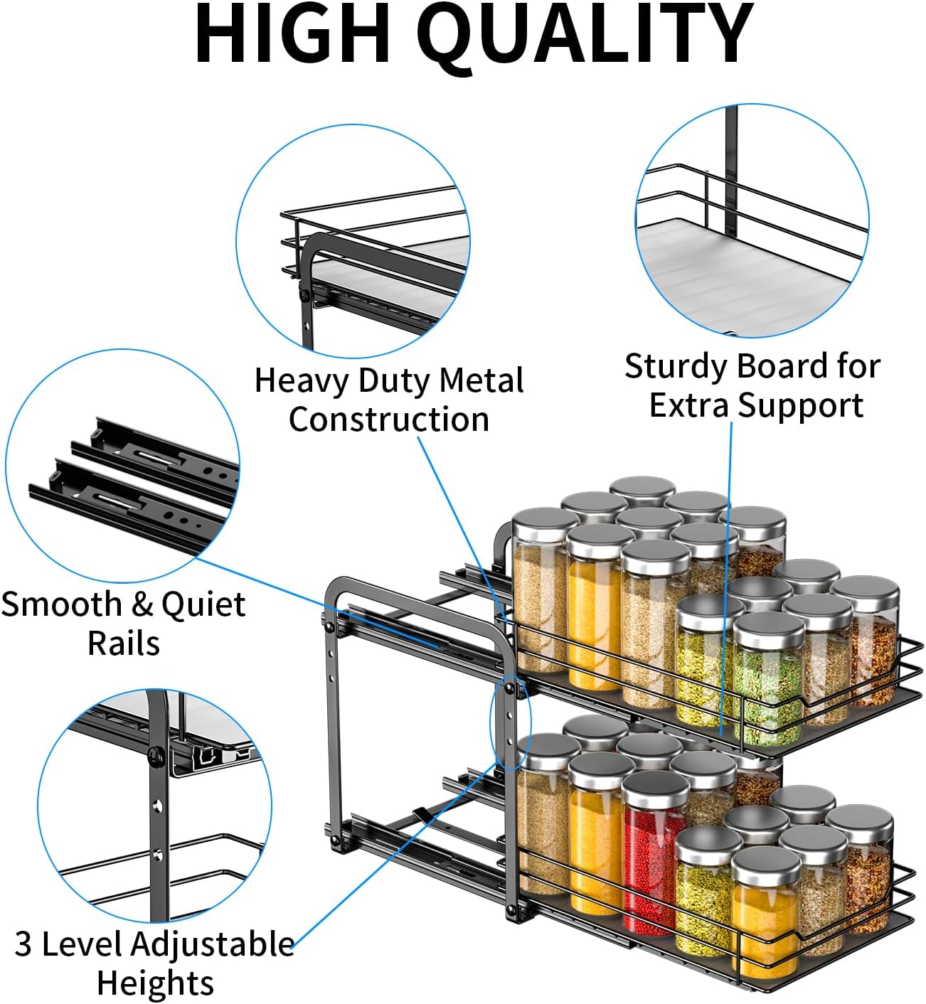 RCHYFEED Spice Rack, 2 Tier Pull out Cabinet Spice Organizer, Height Adjustable Slides out Ultra-smooth Racks for Spice Organization, Seasoning Organizer for Inside Cabinets(7.5" Wx10.5 Dx9.5 H)