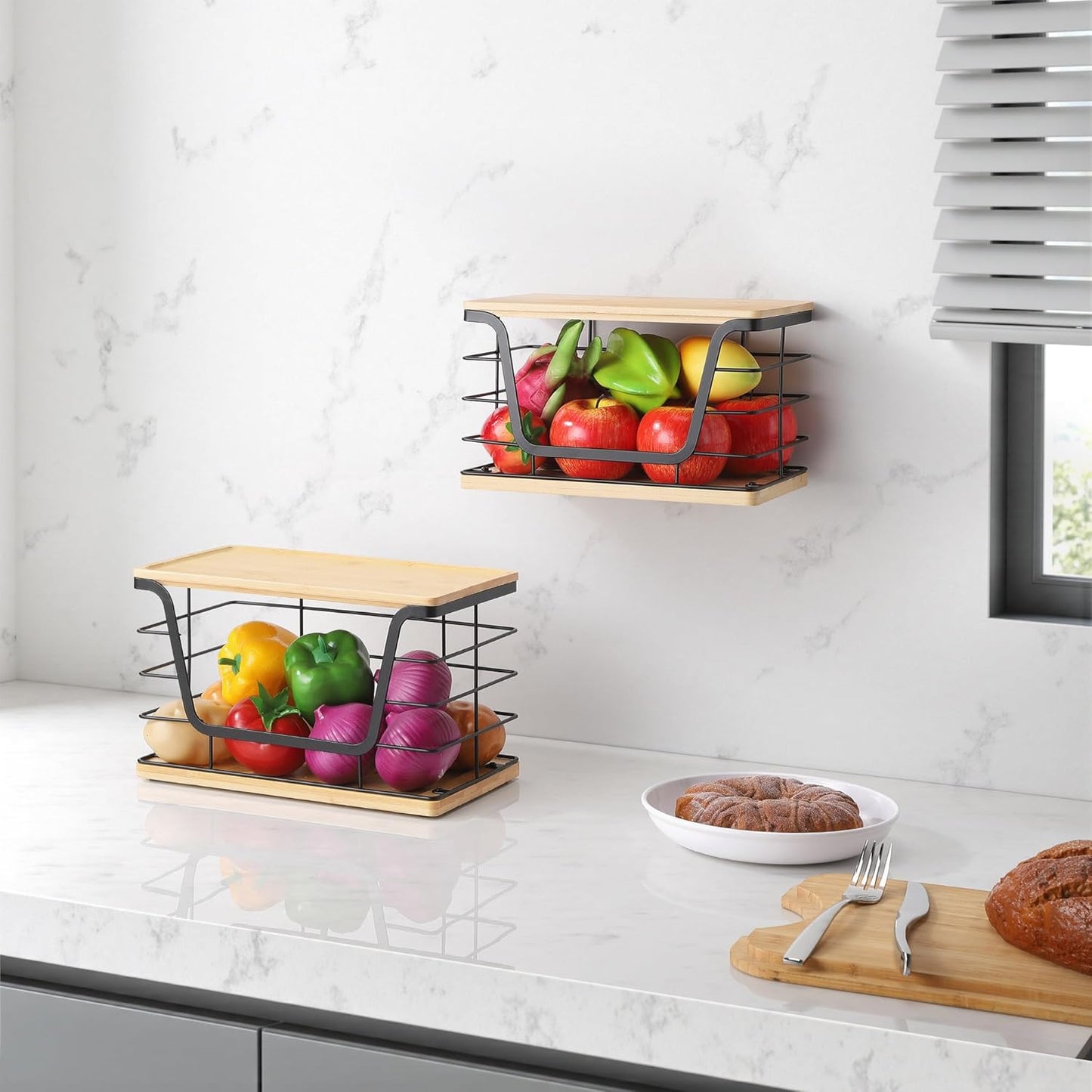 ALOCEO 2 Pack Large Garbage Bag Dispenser for 13/30/33 Gallon Bags, Potato and Onion Storage Baskets with Bamboo Lid, Stainless Steel Stackable Storage Bins for Kitchen Laundry Pantry Room