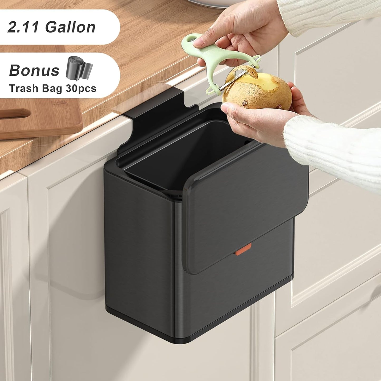 Mbillion Kitchen Compost Bin Hanging Trash Can with Lid 1.05 Gallon Stainless Steel Garbage Can for Kitchen Cabinet Door Mounted Trash Can Under Sink Door RV Bathroom,Brushed Black