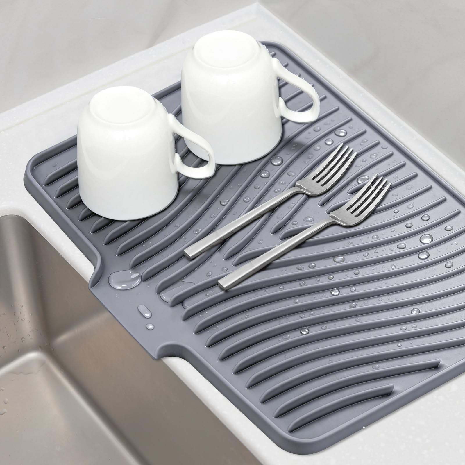 TIKNIK Silicone Dish Drying Mat for Kitchen Counter, Grey-1pcs, 16" x 12"