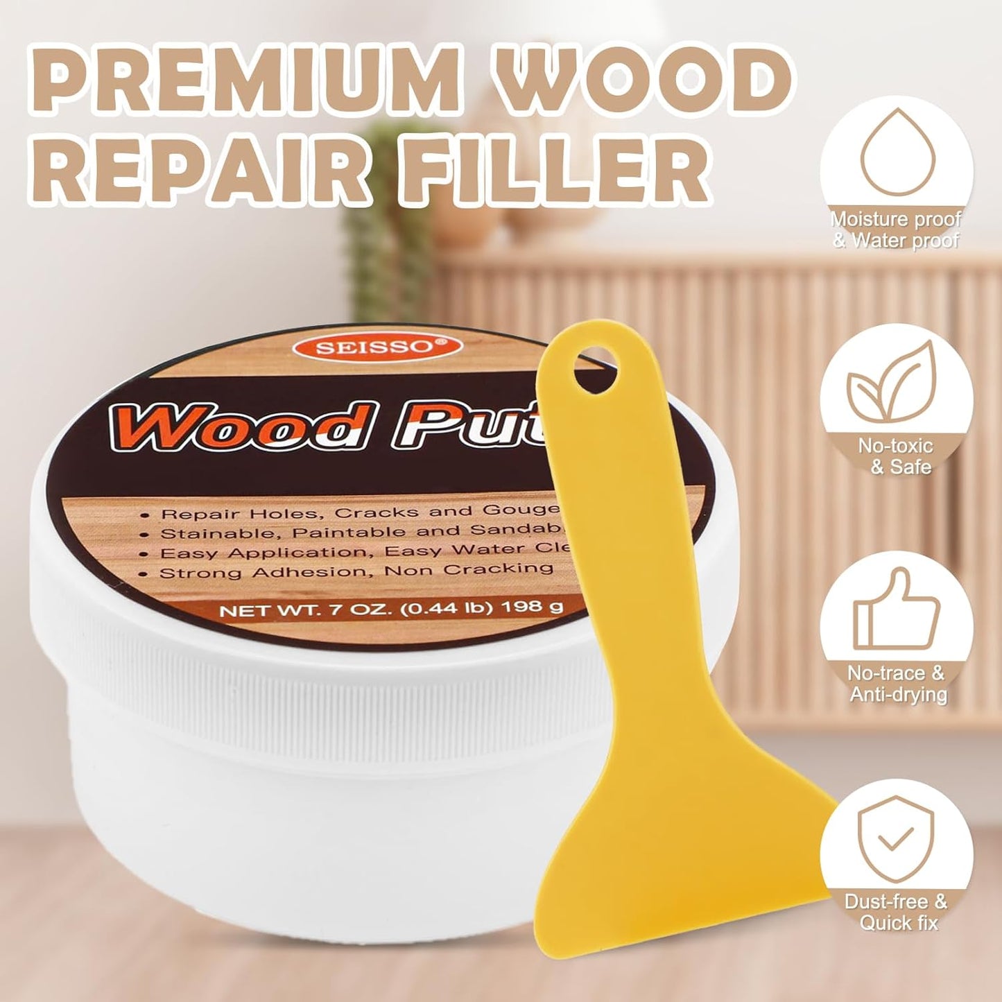 SEISSO Wood Putty, White Oak Wood Filler Paintable, Wood Putty Outdoor Waterproof, Wood Repair Putty Stainable, Wood Furniture Repair kit - Restore Wooden Table, Cabinet, Floors, Door