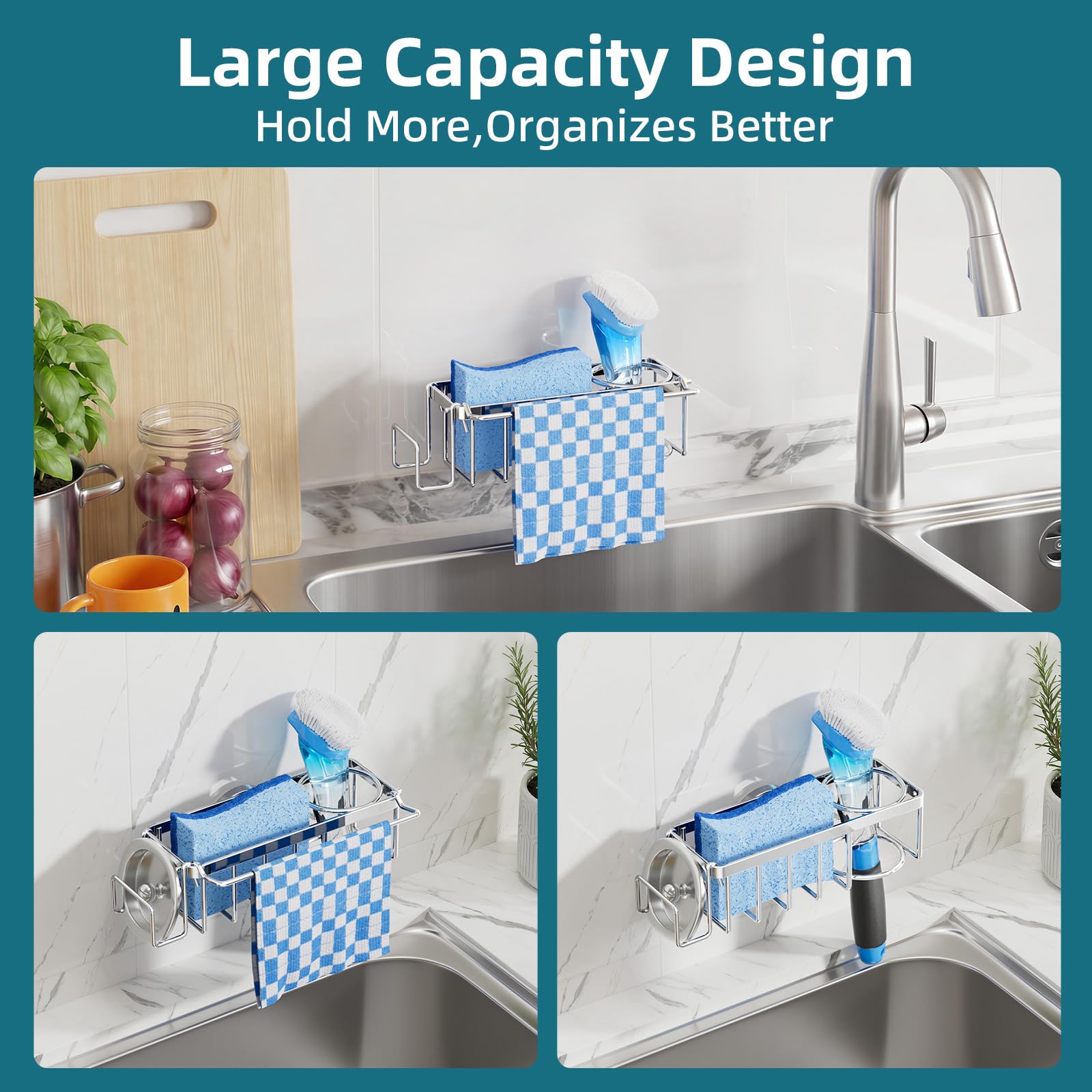 TAILI 4-in-1 Sink Caddy for Kitchen Sink with Strong Suction Cup-Silver