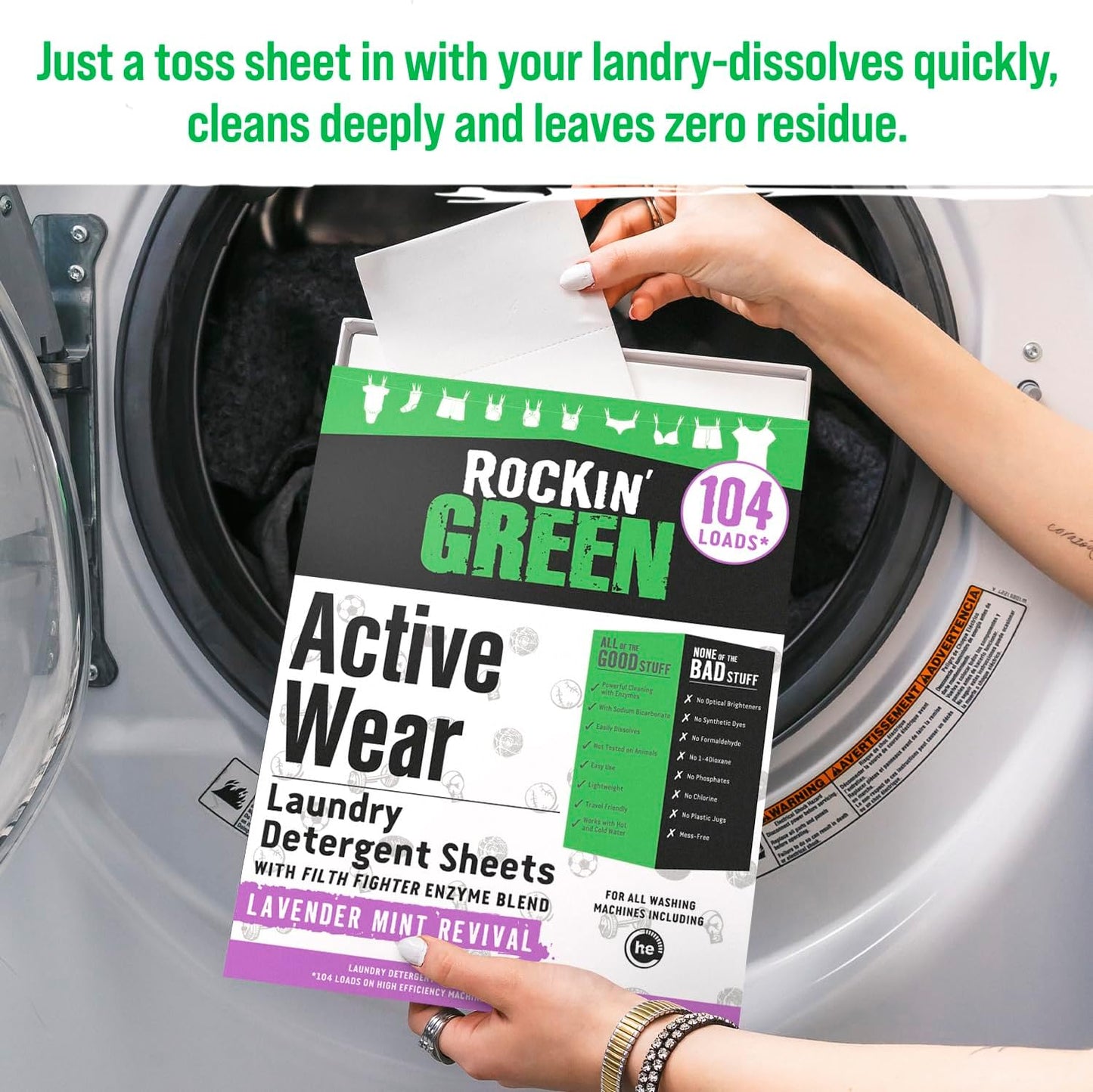 Rockin' Green Active Wear Travel Laundry Detergent Sheets - Mess-Free Laundry Sheet Detergent with Sodium Bicarbonate - Easily Dissolvable Laundry Soap Sheets (104 Loads, Lavender Mint Revival)
