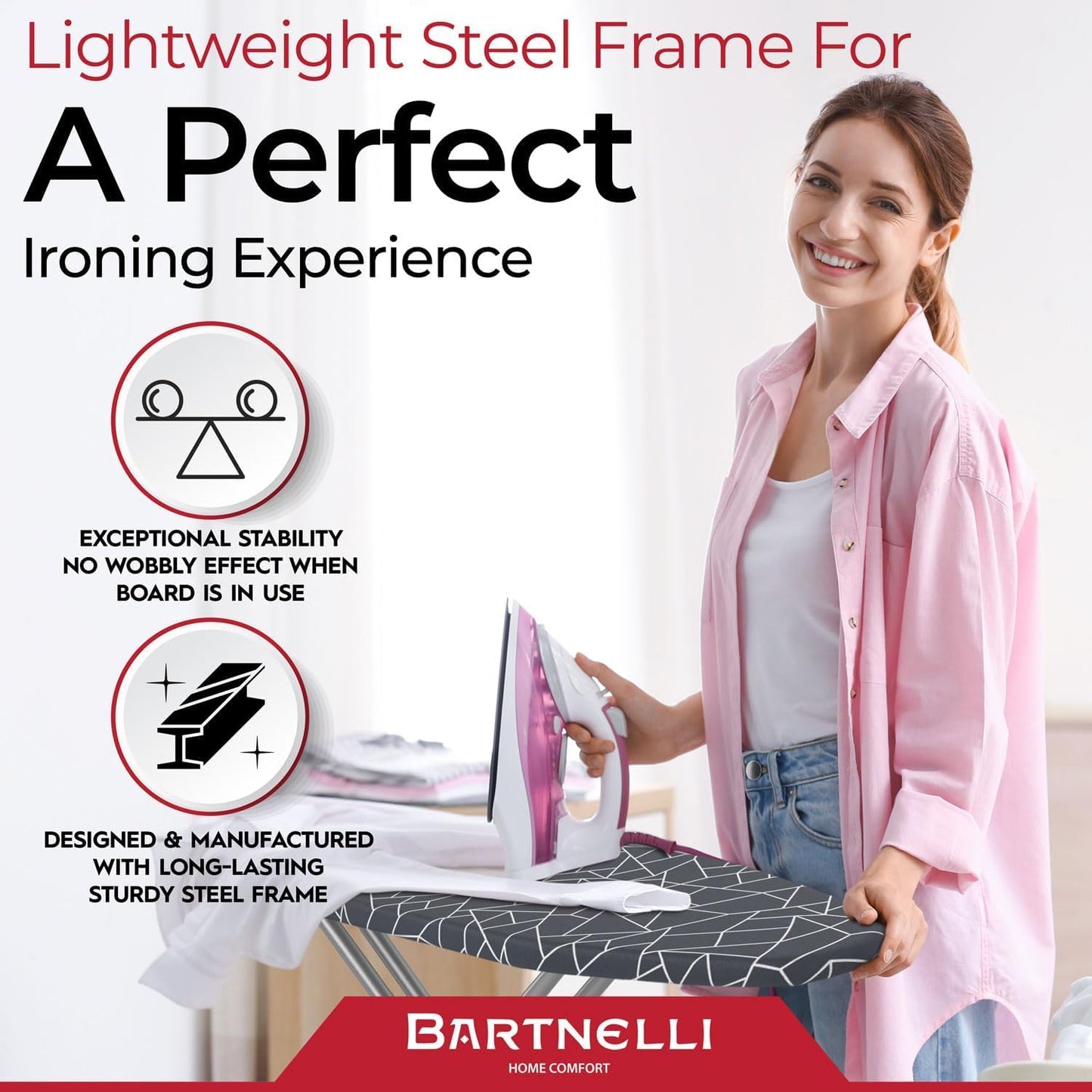 Bartnelli Compact Ironing Board, 13x43 Space-Saving Steel Foldable Iron Board, 4 Layer Cotton