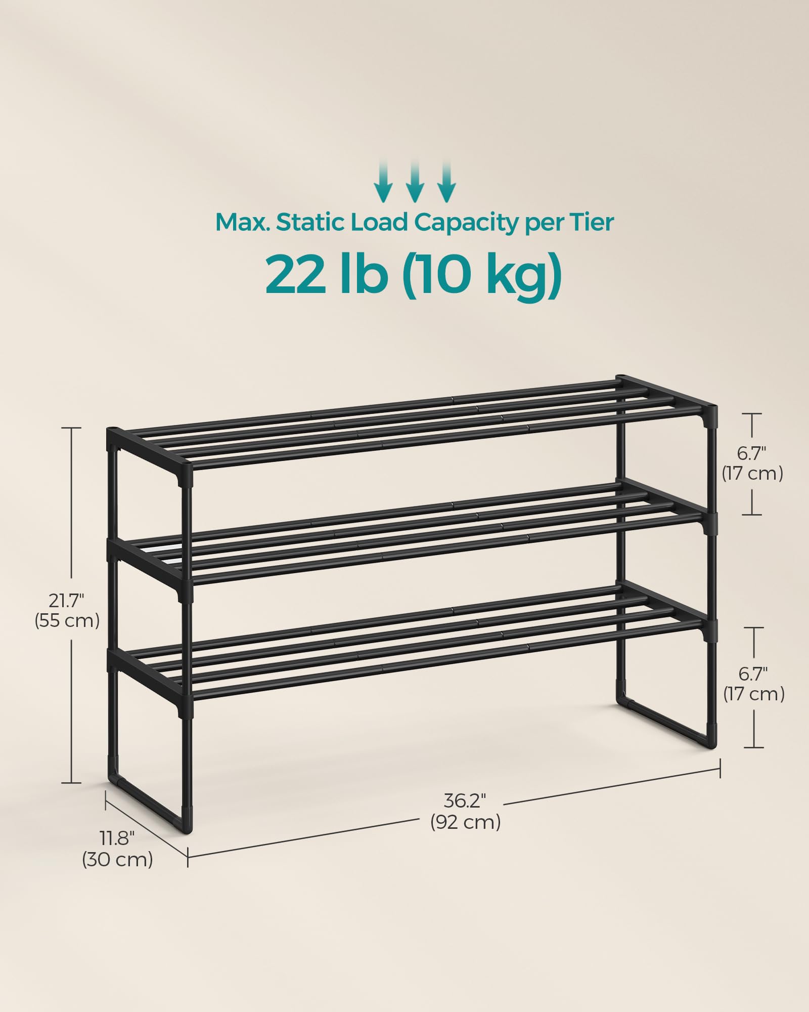 SONGMICS Shoe Rack, 3-Tier Shoe Organizer, Metal Storage Shelf, Upright or Upside Down, for 16-20