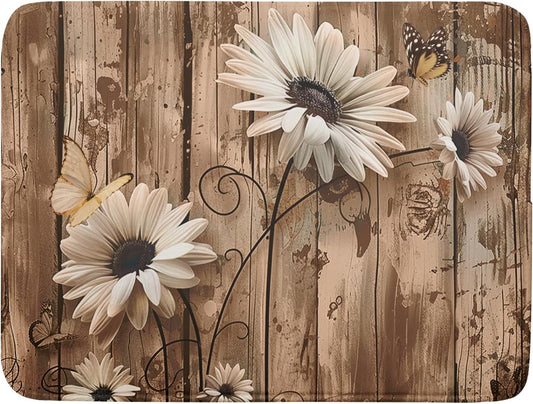 Summer Daisy Flowers Dish Drying Mat for Kitchen Counter 18x24 Inch Rustic Daisy Absorbent Dish Drying Mat Wood Microfiber Reversible Drying Pad Dish Drainer Mat for Countertops Tableware Decor