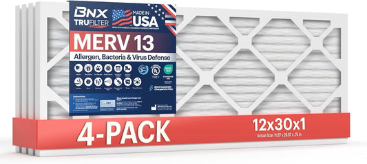 BNX TruFilter 12x30x1 Air Filter MERV 13 (4-Pack) - MADE IN USA - Electrostatic Pleated Air