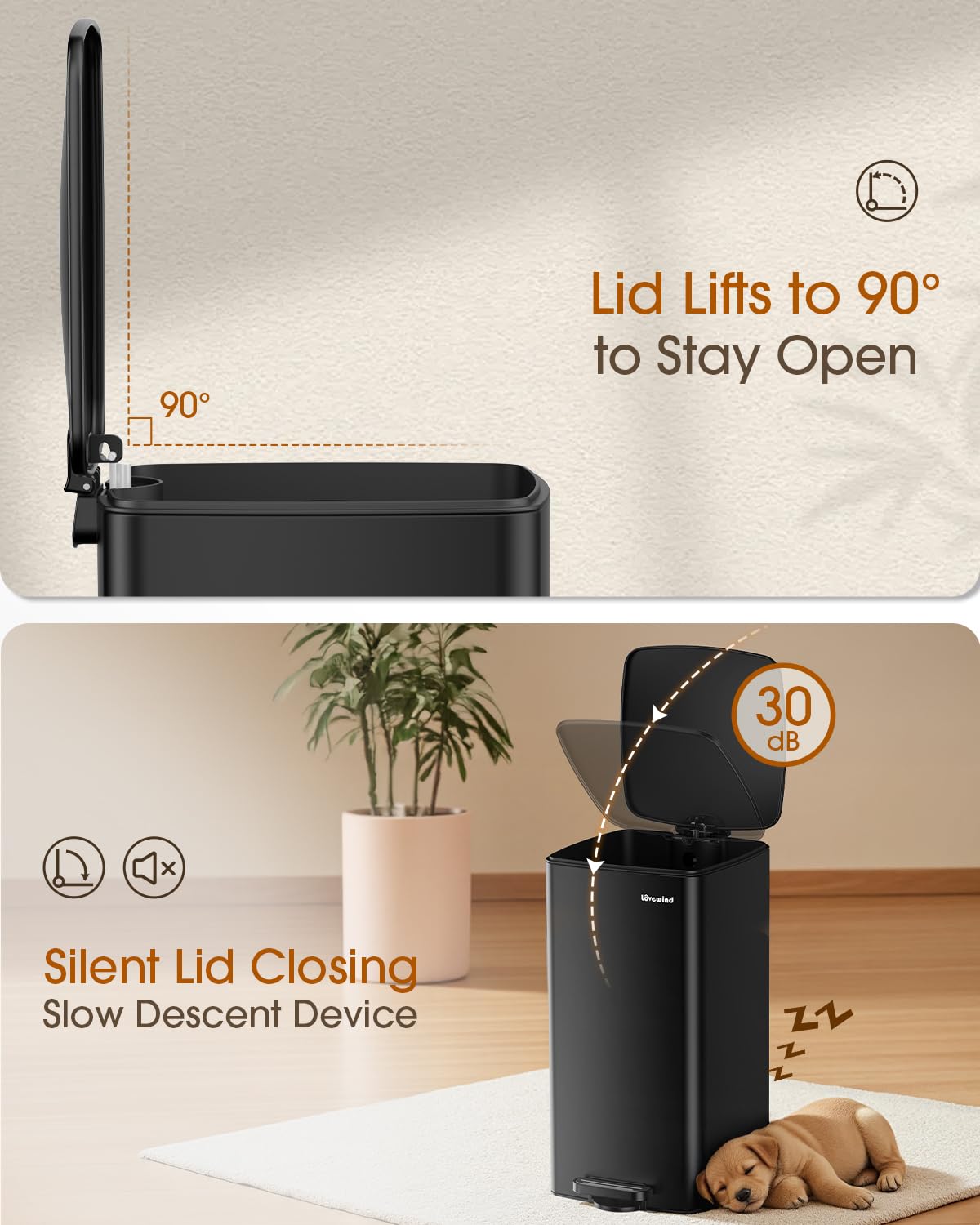 Lovewind Kitchen Trash Can with Lid, 8 Gallon/30 L Footstep Garbage Can for Kitchen Bedroom Home Office, 30 Liter Trash Bin Brushed Stainless Steel Waste Bin with Soft-Close Lid,Black