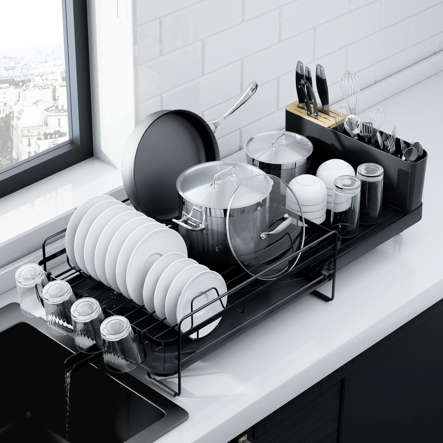 Kitsure Extendable Dish Drying Rack, 19.2"-26.7" L x 12.9" W, Black