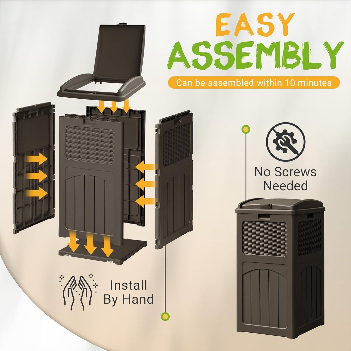 YESHOMY 2 Pack Outdoor Trash Can with Lid, Garbage Bins for Garden, Porch, Home and Kitchen, Brown