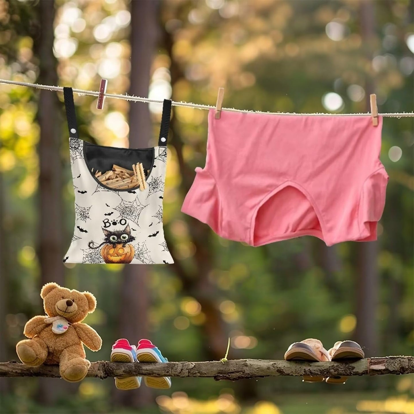 Cute Cat Space-Saving Laundry Clothespin Bag Pumpkin Waterproof Polyester Material, 2 Rope for Hanging and Effortlessly Sliding on The Clothesline Clothespin Holder for Outdoor