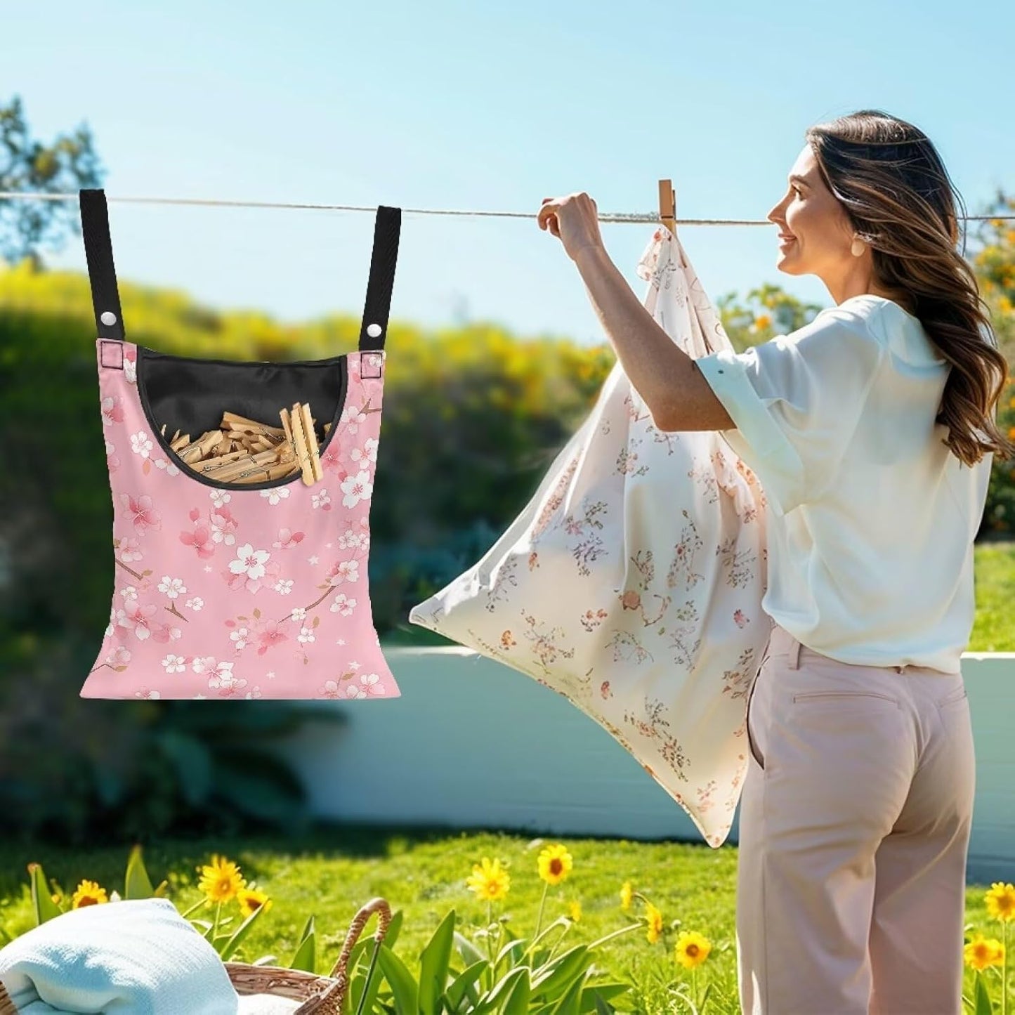 Clothespin Bag, Hanging Laundry Bag, Clothes Lines for Hanging Clothes Outside, Hanging Storage Organizer with Hanging Rope for Home Outdoor - Cherry Blossom Pink