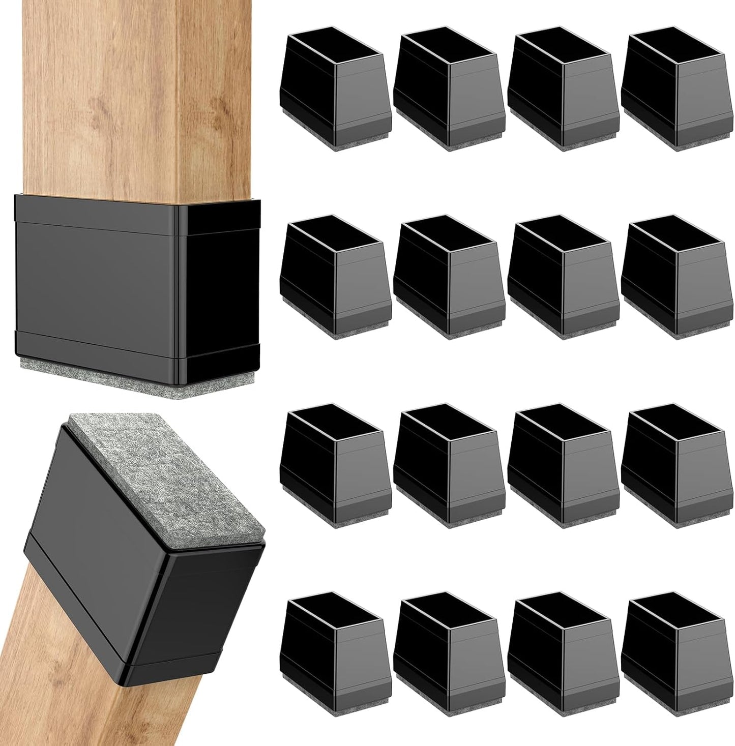 Rectangle Chair Leg Protectors for Hardwood Floors,16 PCS Silicone Covers to Protect Wood Tile Floors Felt Pads Furniture Leg Caps Reduce Noise. Easy to Move.(Black,1 x 1.25 Inch,Rectangular)
