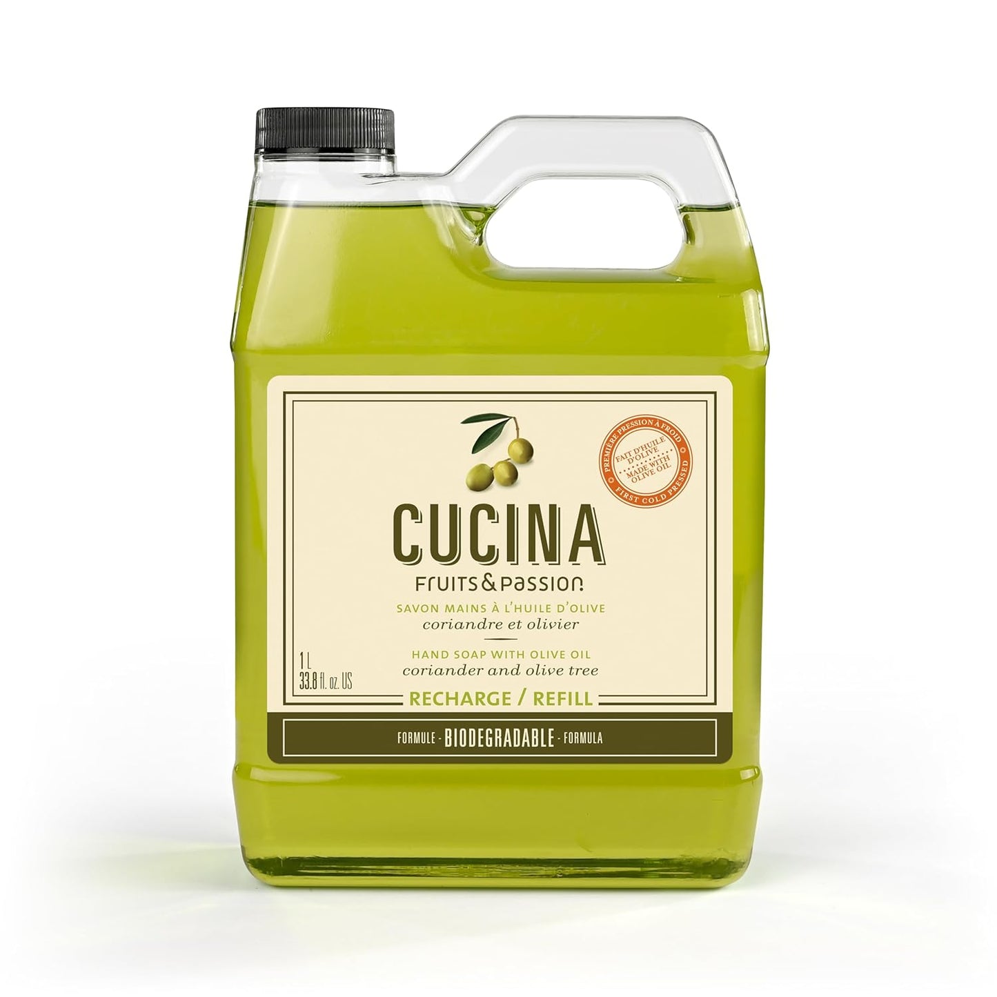 Cucina Fruits & Passion Hand Soap Refill – 1 Liter (33.8 oz) Coriander and Olive Tree – Purifying Organic Kitchen Hand Soap with Olive Oil – Vegan and Moisturizing Formula