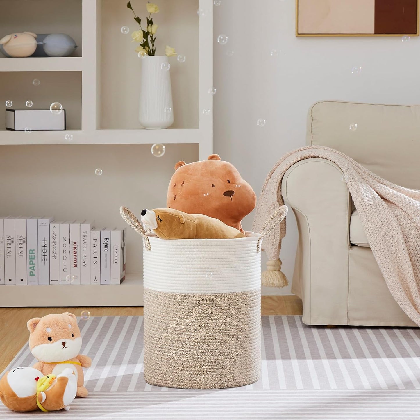 VIPOSCO Large Laundry Hamper, Tall Woven Rope Storage Basket for Blanket, Toys, Dirty Clothes in Living Room, Bathroom, Bedroom - 53L White & Brown