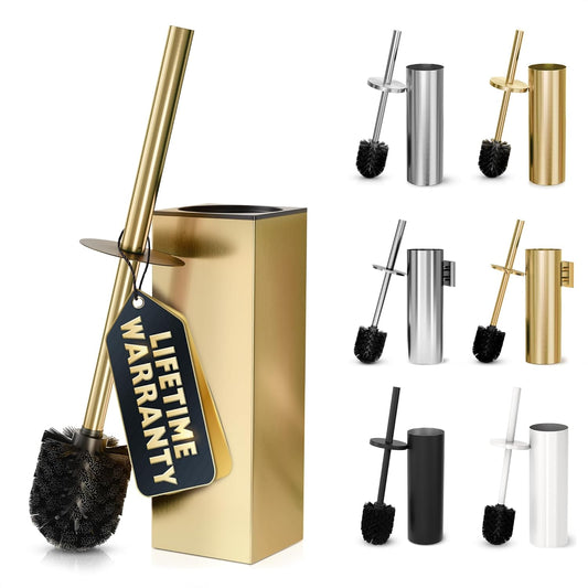 Stainless Steel Toilet Brush and Holder Set Gold & Square Design - Corrosion and Scratch-Resistant Gold Toilet Brush and Holder Set with Splash Protection - for Deep & Effective Bathroom Cleaning