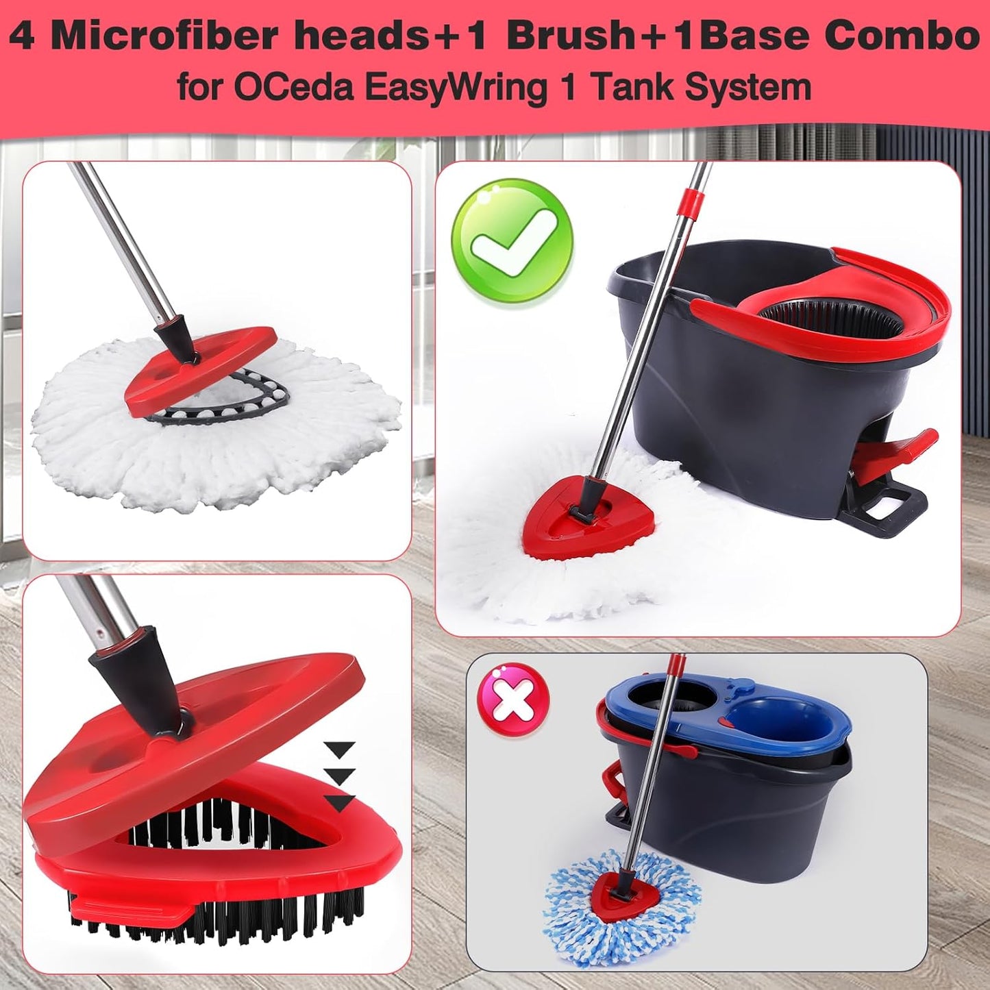 Mop Replacement Heads 4 Pcs & 1Scrub Brush & 1 Base Combo for Ocedar Easywring 1-Tank System,Microfiber Spin Mop Replacement Head,Machine Washable for Bathroom,Kitchen,Tub and Tile