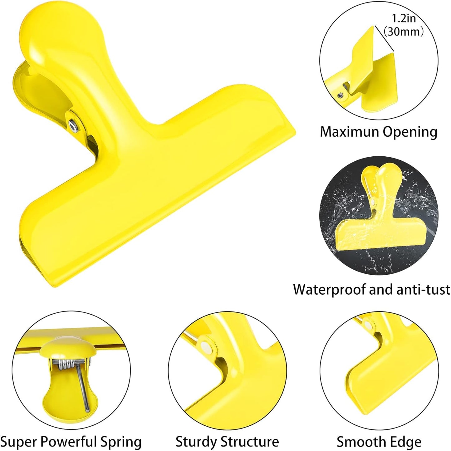 Bag Clips Heavy Duty Stainless Steel Chip Clips, Food Bags Clamp Great for Kitchen Office to Seal Coffee Bags, Paper Sheets - Pack of 8（Yellow）