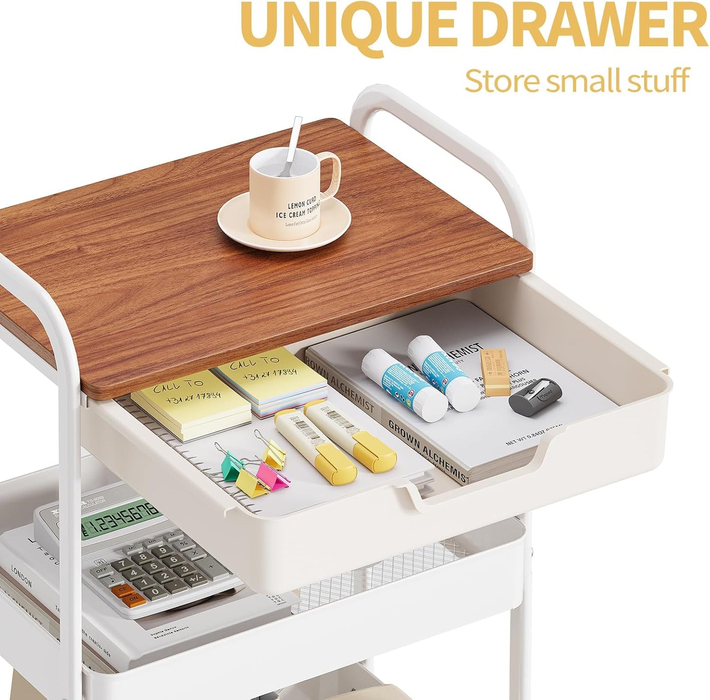 TOOLF 3-Tier Metal Utility Rolling Cart with Drawer & Wooden Table Top, Storage Cart White Trolley Kitchen Organizer Rolling Desk with Locking Wheels for Office, Classroom, Dorm, Bedroom