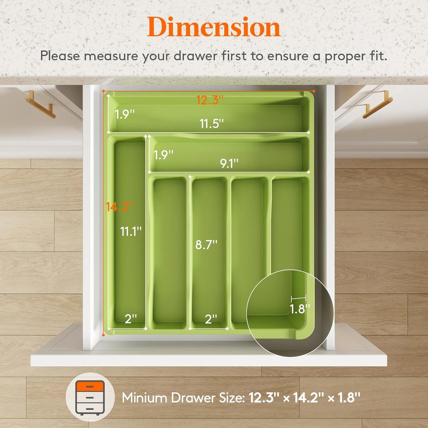 Lifewit Silverware Drawer Organizer Tray, Plastic Cutlery Storage for Kitchen Drawer, Flatware and Utensil Holder Divider for Spoons Forks Knives Tableware, 7 Compartment, Green