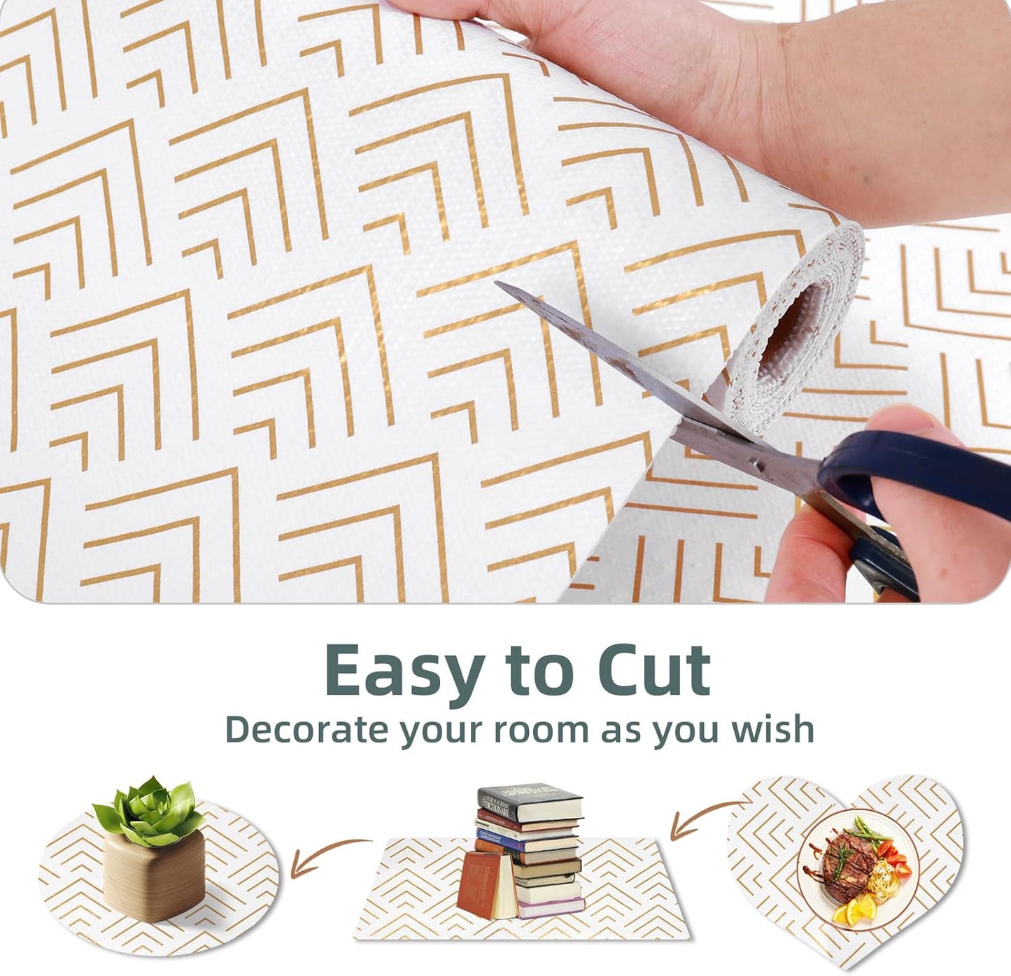 Shelf Liner for Kitchen Cabinets Non Adhesive Drawer Liner Non-Slip Thickened Shelf Liner Paper Strong Easy to Clean for Tool Box Refrigerator with Knife and Tape Measure, Gold Arrow,23.6 x 354.3 in