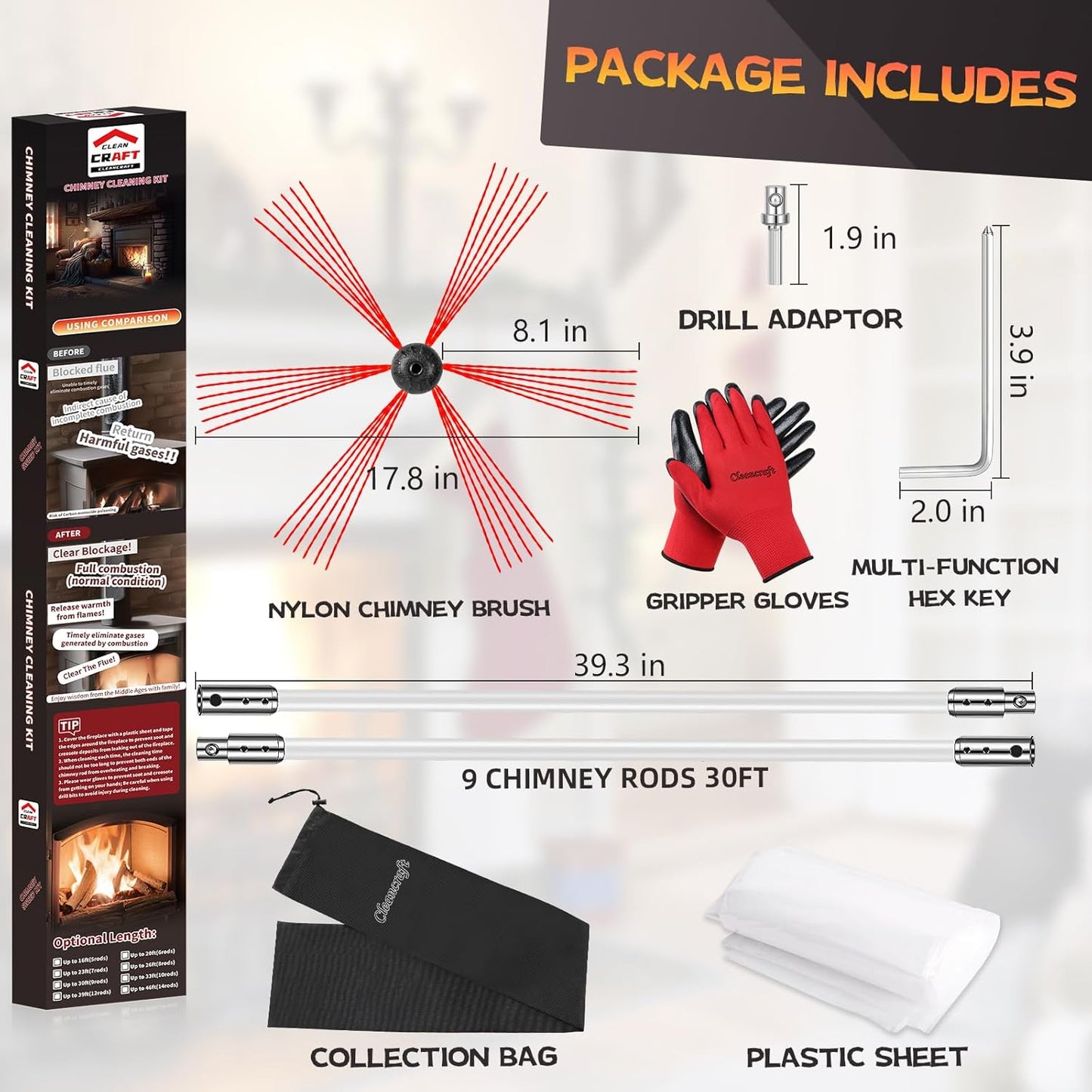 30 Feet Chimney Sweep Kit, Chimney Cleaning Kit with 9 Flexible White Chimney Rods, Chimney Brush for Sweeping Fireplace, Rotary Chimney Cleaning System Driven by Drill