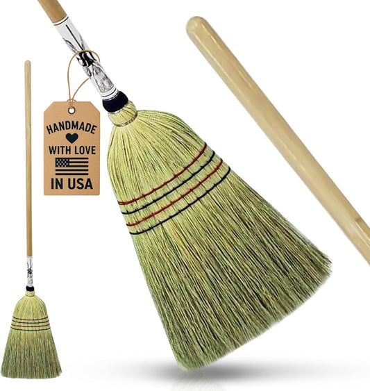 Handmade Amish Corn Broom with Wooden Handle – 57" Heavy Duty Broom for Courtyard, Lobby & Market