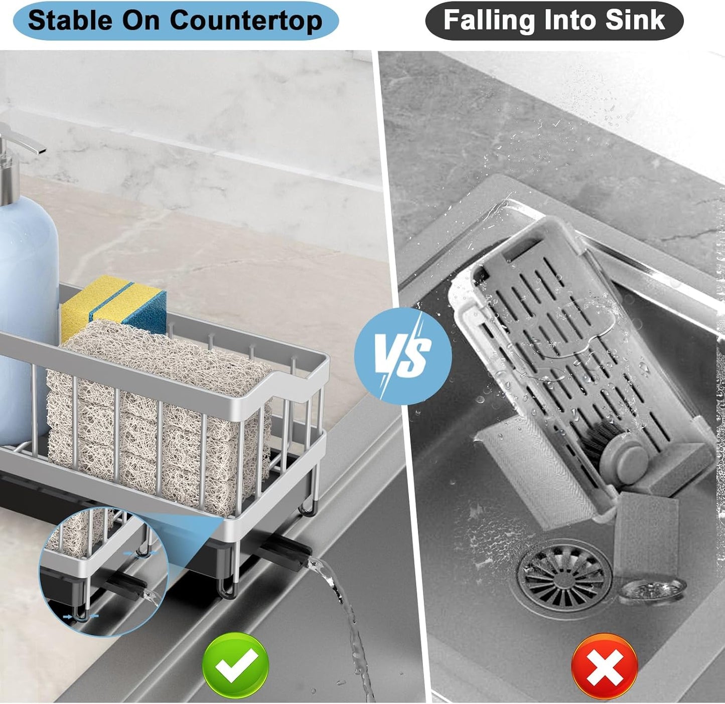 Kitchen Sink Caddy Organizer, Sponge Holder with High Brush Holder, Rustproof and Strong, anti slip, Self Draining spout is ideal，Keep Countertop Cleaning,Grey