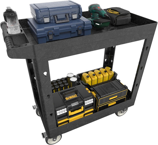 Large Garage Plastic Utility Cart, Heavy Duty 2 Shelf Tool Cart Service Cart Rolling Push Carts