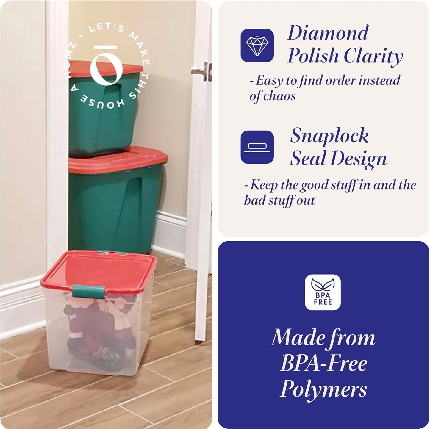 HOMZ 4-Pack Holiday Tote, Plastic Storage Organizer Bins with Lids, 31 Quart, Clear/Red - Stackable Organizing Containers for Home, Garage, and Office