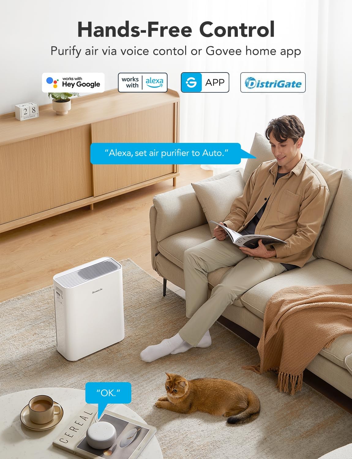 GoveeLife Smart Air Purifiers for Home Large Room, Air Purifiers for Pets with PM2.5 Sensor, Washable Pre-Filter for Pet Hair Lint, 24dB Large Air Purifier with App Control
