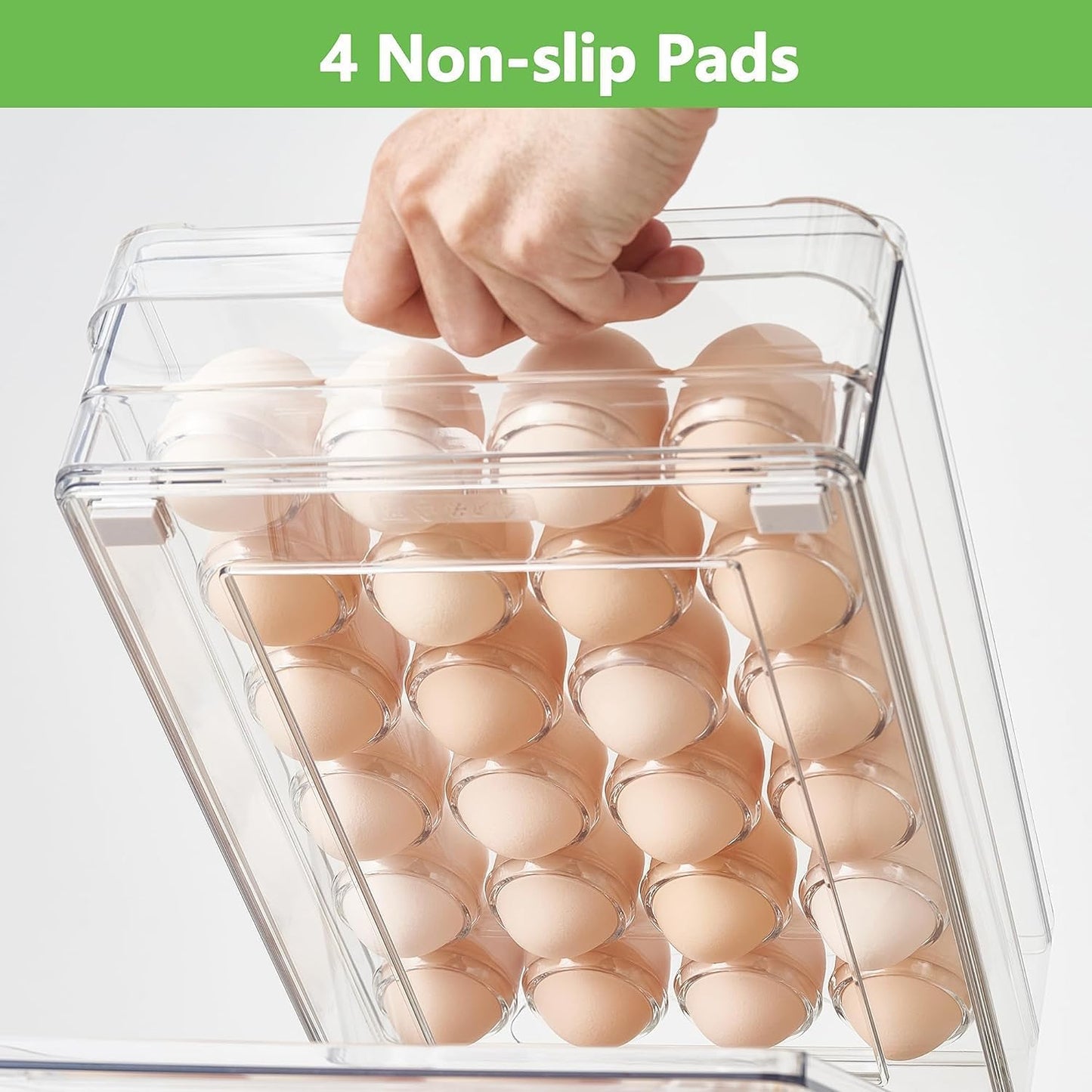 vacane 24 Capacity Egg Holder for Refrigerator Organizer Bins, Clear Egg Storage Container for Fridge Egg Drawer Egg Tray with Non-Slip Pads, Bpa Free Egg Organizer-2 Pack