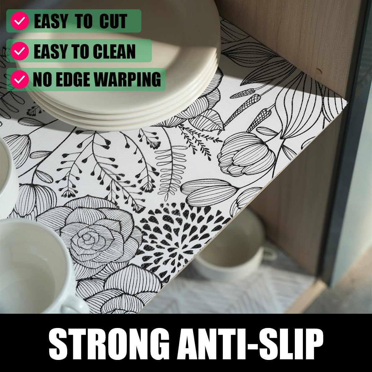 Floral Drawer and Shelf Liner for Kitchen 16IN x 20FT, Non-Adhesive and Strong Non-Slip Cabinet Drawer Liners, Waterproof Thickened Shelf Liner,Easy to Clean,Black and White