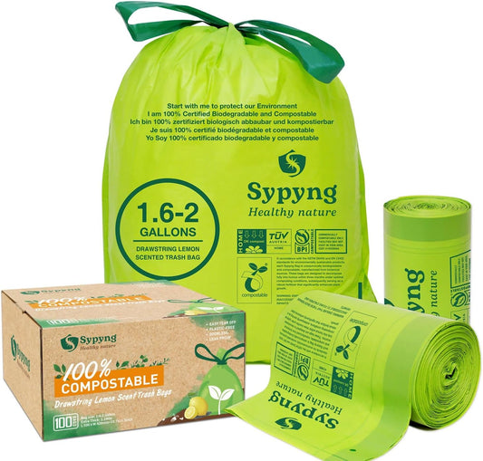 Compostable Kitchen Trash Bags 1,6-2 Gallon (100-Pack) - Heavy-Duty 1.1 Mil, 100% Biodegradable, ASTM D6400, BPI & OK Compost HOME Certified, Eco-Friendly, Leakproof & Odor Control