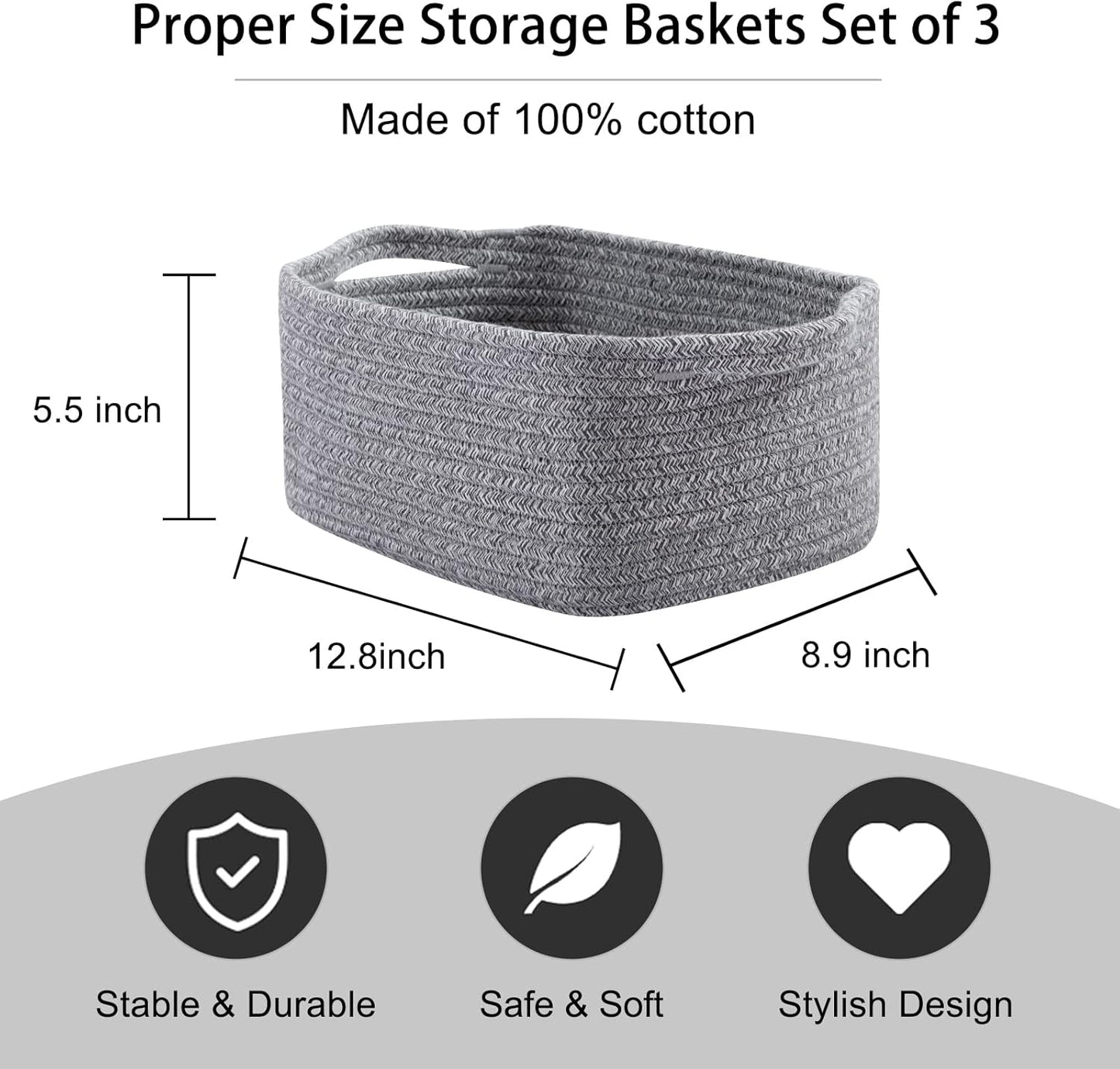 OIAHOMY Cotton Rope Baskets, Woven Baskets for Storage, Nursery Storage Baskets, Rectangle Storage Basket with Handles, Storage Baskets for Shelves, Pack of 3, Gray Variegated