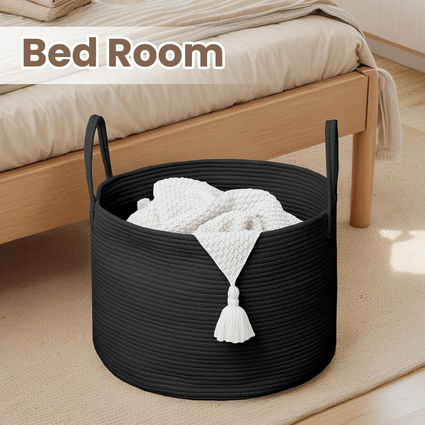 Woven Blanket Basket,65L Large Rope Storage Bin with Handles, Organizer for Blankets Toys Book and Clothes, Laundry Basket for Living Room Bedroom Nursery,Black