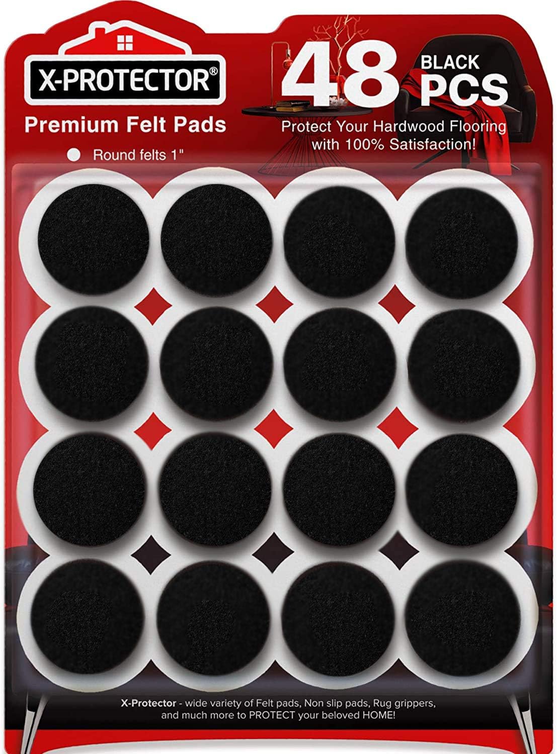X-Protector Black Felt Furniture Pads - 48pcs for Wood Floors