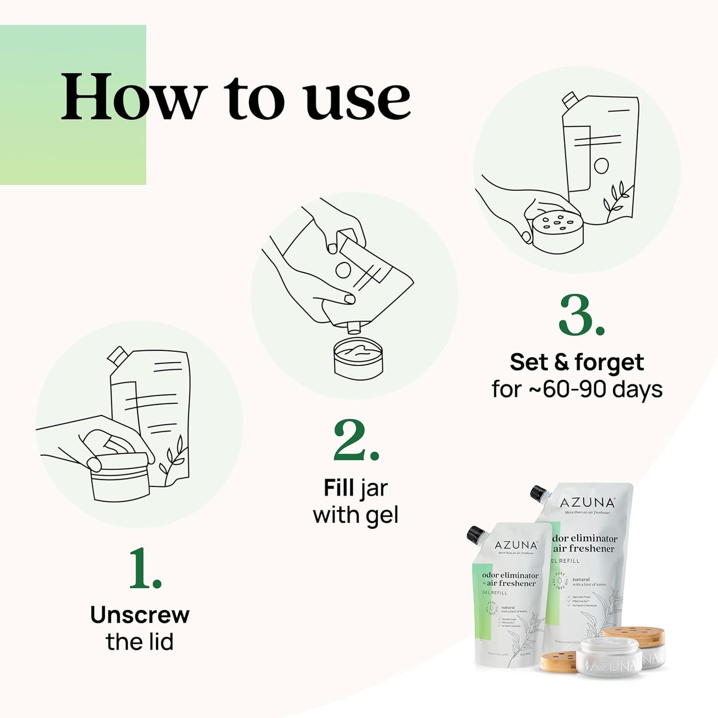 Azuna Air Freshener & Odor Eliminator for Strong Odor | 2 Room Kit Includes (2) 8 oz. Empty Luxe Glass Jars & 12 oz | Refill with Tea Tree Essential Oil Gel | Natural Scent | Last 60-90 Days