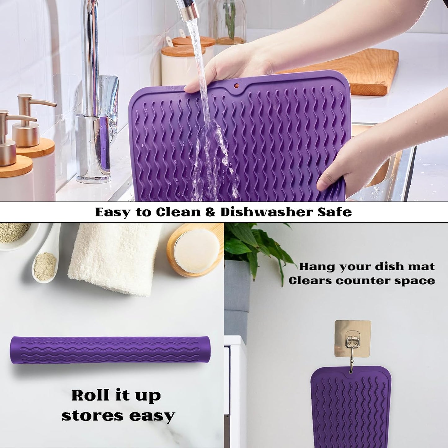ZLR Silicone Dish Drying Mat for Kitchen Counter, Eco-Friendly Fast Dry Dish Mat, Easy Clean Multi Usage Drying Matt, Heat Resistant Trivet, 12" x 16" Large, Meadow Violet