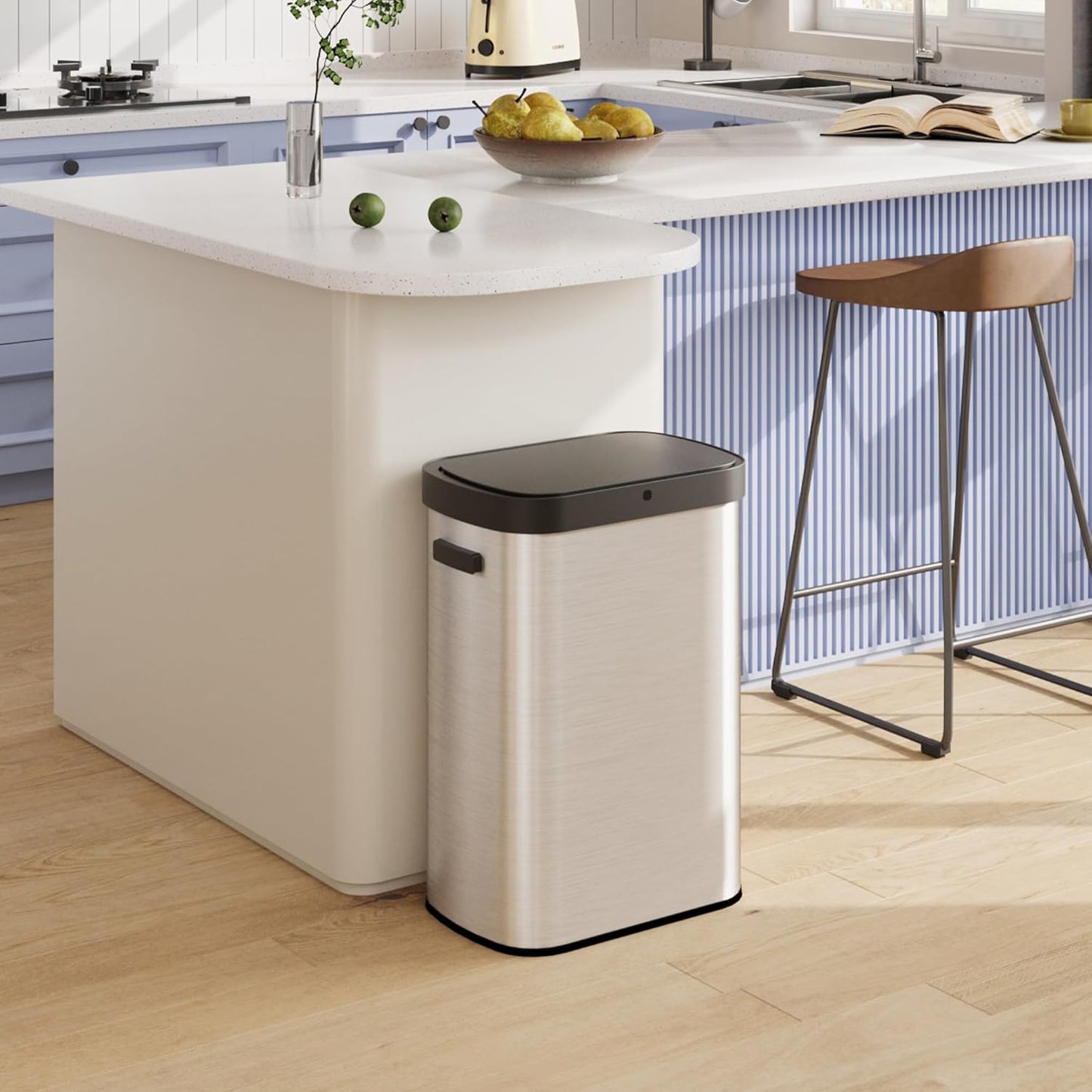 WLIVE 13 Gallon Trash Can, 50 Liter Large Capacity Motion Sensor Automatic Trash Cans Touchless with LED Indicator, Brushed Stainless Steel Finish Garbage Cans for Kitchen, Office, School, Silver