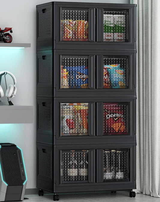BROVIEW 400 Qt Stackable Storage Bins with Lids & Doors, 4 Pack Plastic Closet Organizer and Storages Drawers with Wheels, Large Collapsible Storages Boxes, Cabinet for Home, Office, V10, Black