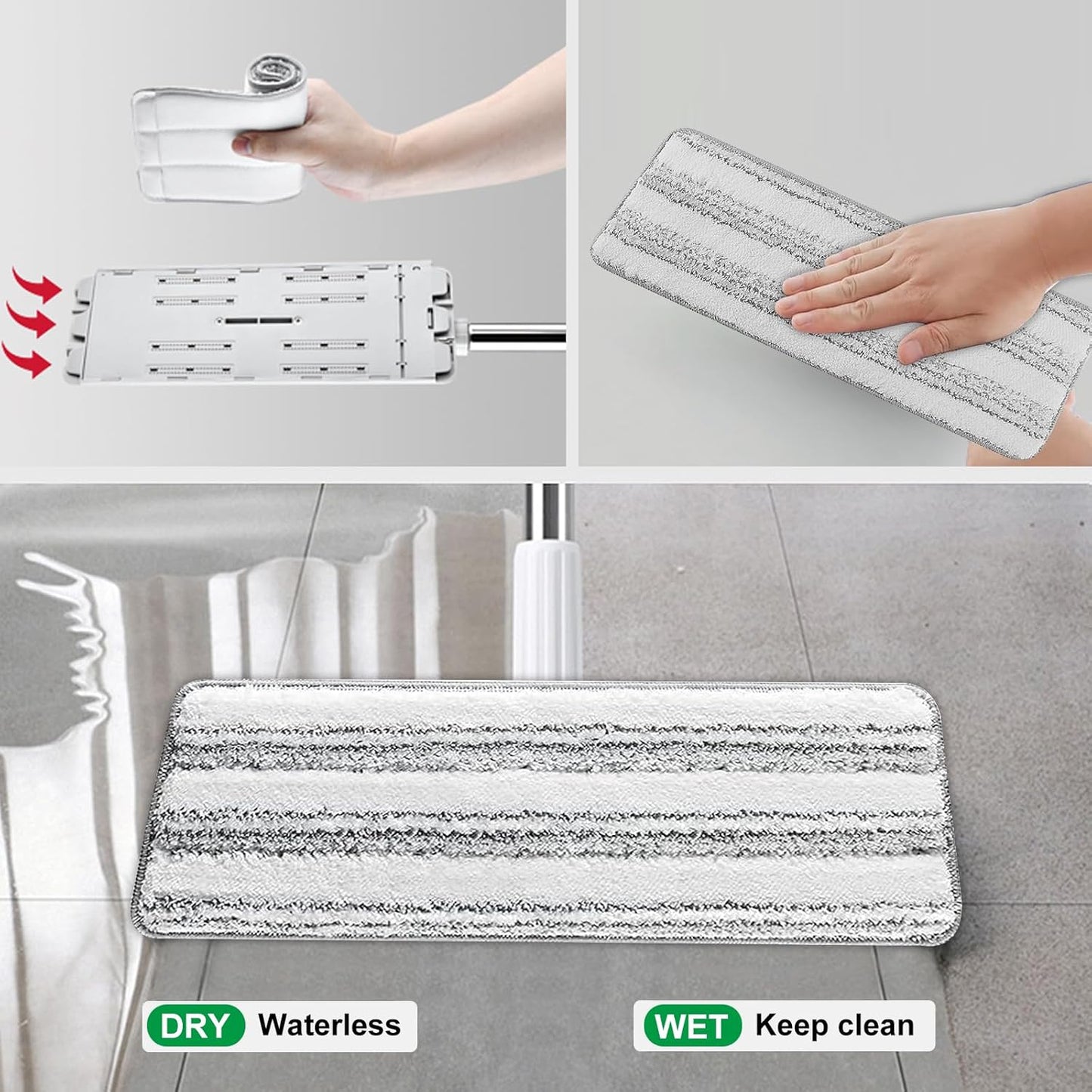 Flat Mop Pads, 3 Pack 13" X 4.9" Microfiber Mop Pad/Refill/Head, Mop Pads Washable Microfiber Squeeze Cleaning Mop Heads Replacement - White and Grey
