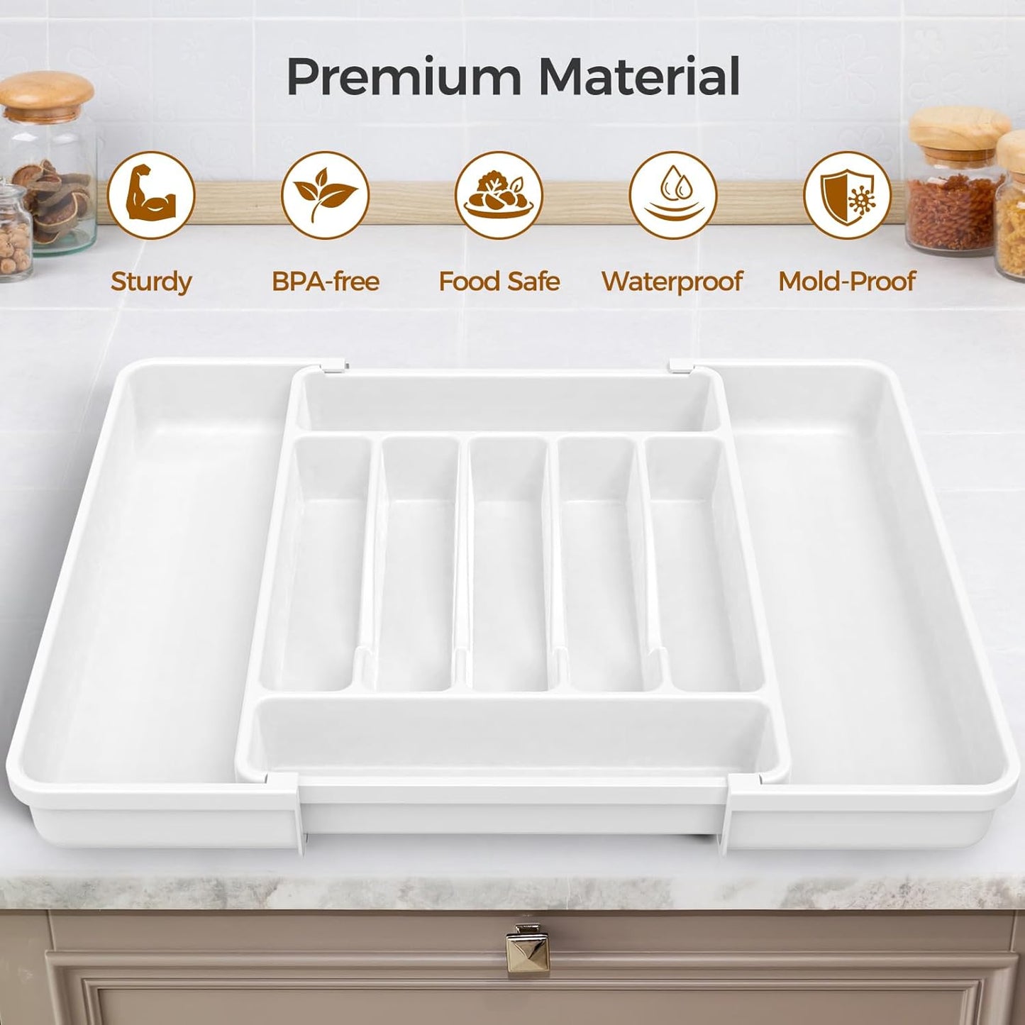 Extra Large Expandable Silverware Organizer, BPA-Free Food-Safe Cutlery Flatware Organizer, Kitchen Utensil Drawer Organizer, Adjustable Silverware Holder for Spoons Forks Knives, White